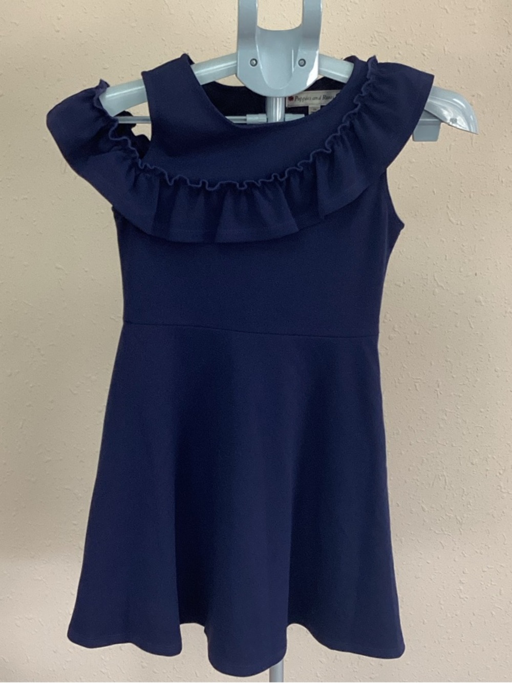 Girls Navy Ruffle Neck Fit & Flare Dress